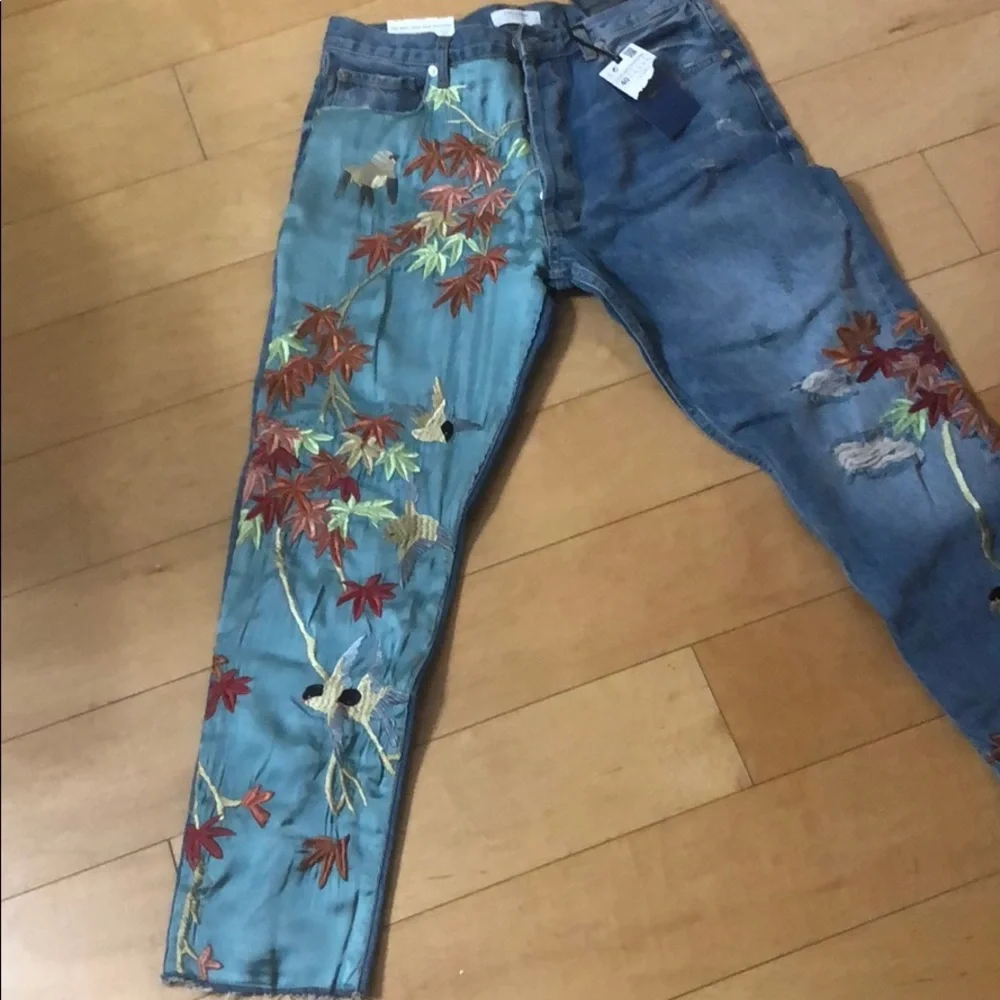 Zara Blue Straight Leg Jeans with Red Floral Design - Picture 3 of 8